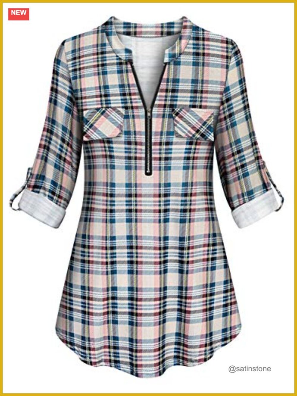 Buffalo Plaid Zip Up V Neck Tunic Top Long Sleeve Blouse for Leggings